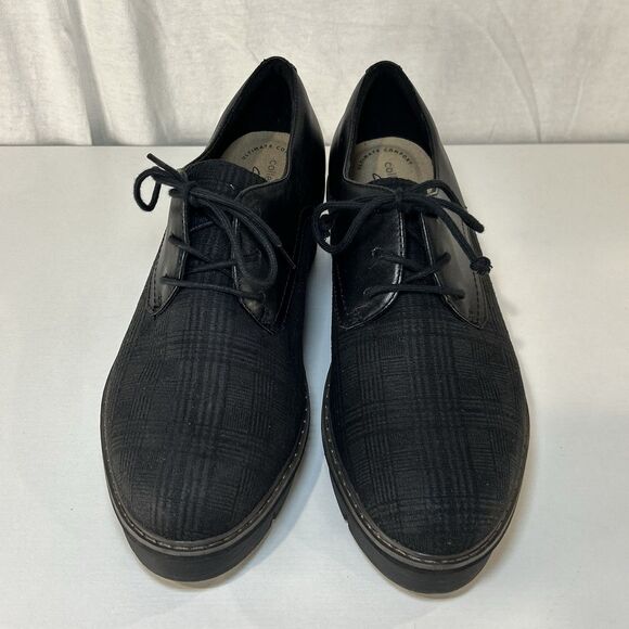 Clarks Women’s Black Plaid Check lace up Oxford Low Wedge Shoe Loafers sz 11 - Picture 2 of 8